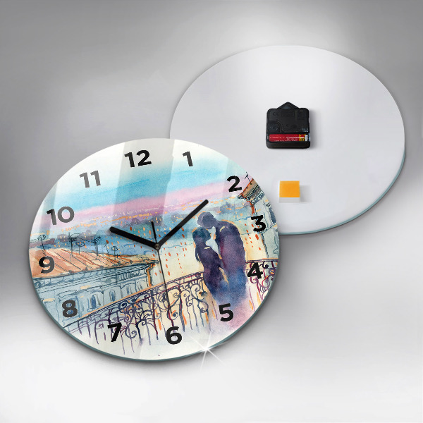 Round glass wall clock People in watercolor