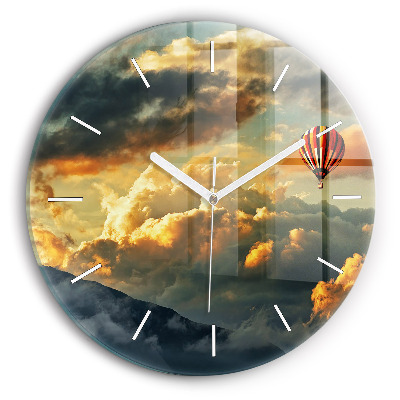 Round glass wall clock Balloon flight in the clouds