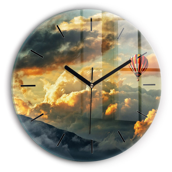 Round glass wall clock Balloon flight in the clouds