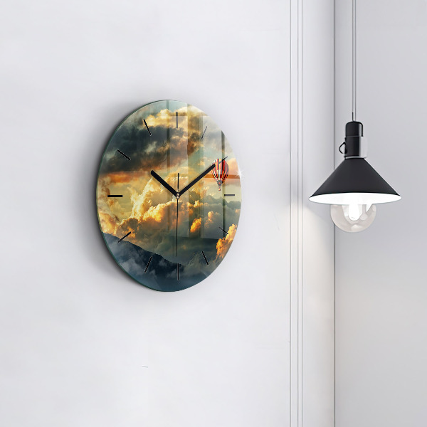 Round glass wall clock Balloon flight in the clouds
