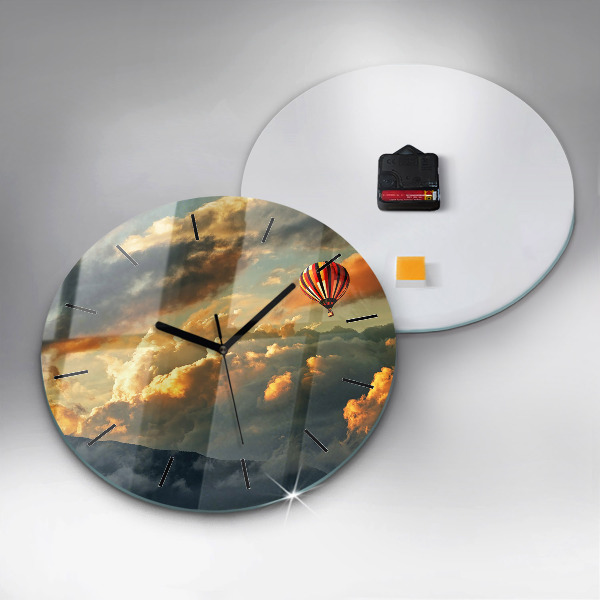 Round glass wall clock Balloon flight in the clouds
