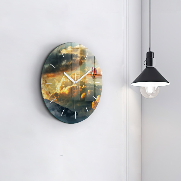 Round glass wall clock Balloon flight in the clouds