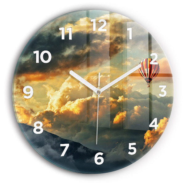 Round glass wall clock Balloon flight in the clouds