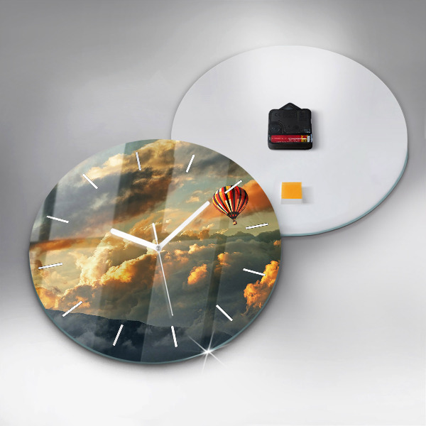 Round glass wall clock Balloon flight in the clouds