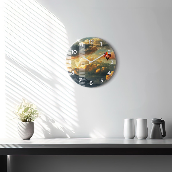 Round glass wall clock Balloon flight in the clouds