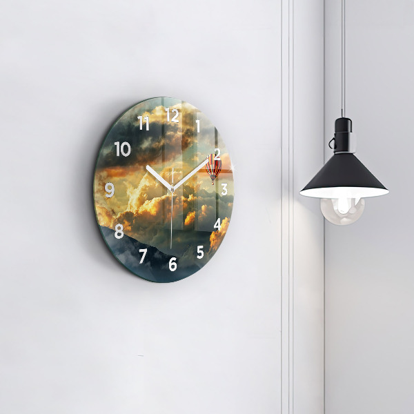 Round glass wall clock Balloon flight in the clouds