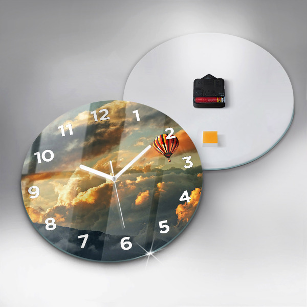 Round glass wall clock Balloon flight in the clouds