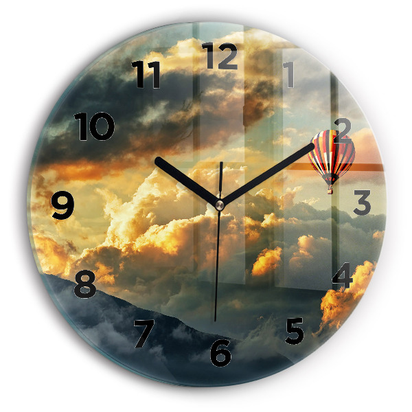 Round glass wall clock Balloon flight in the clouds