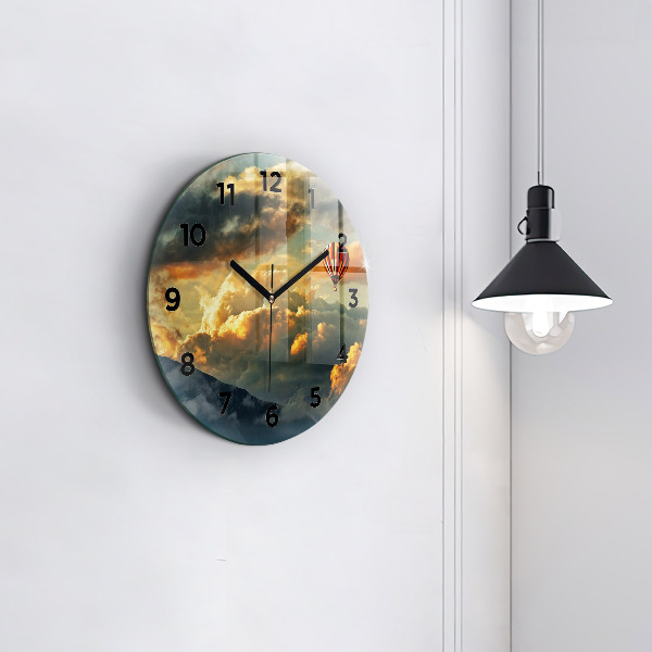 Round glass wall clock Balloon flight in the clouds