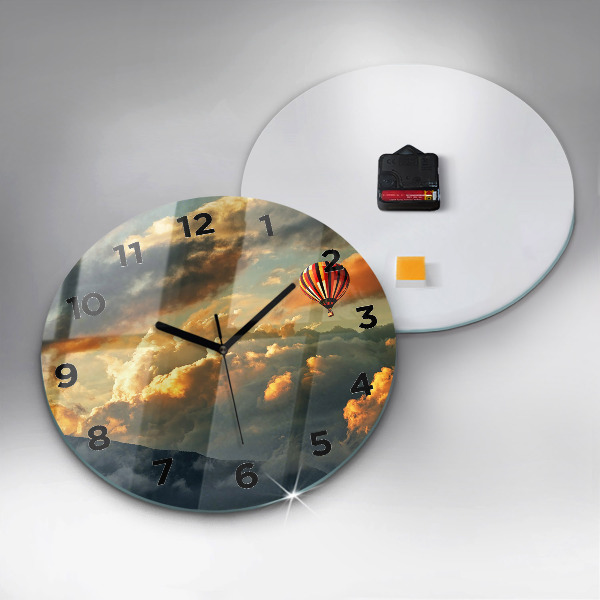 Round glass wall clock Balloon flight in the clouds