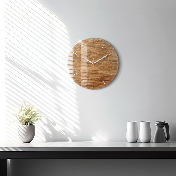 Round glass wall clock Light wood