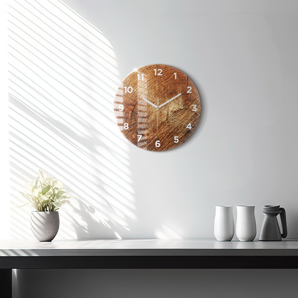 Round glass wall clock Old tree stump