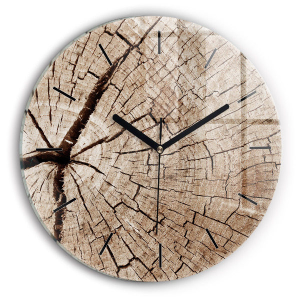 Round glass wall clock Old wood stump