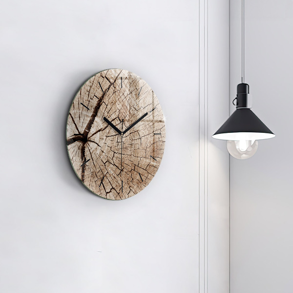 Round glass wall clock Old wood stump