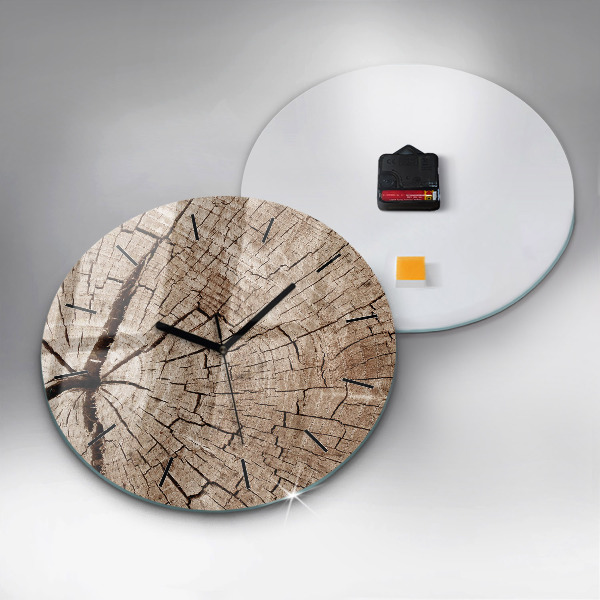 Round glass wall clock Old wood stump