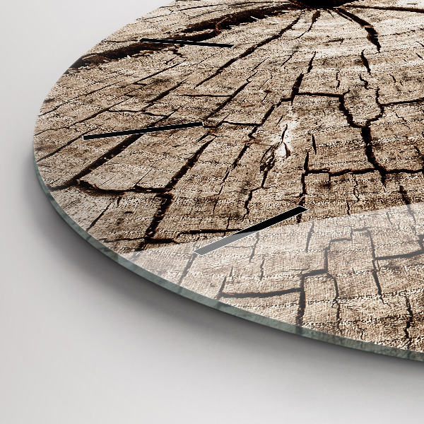 Round glass wall clock Old wood stump