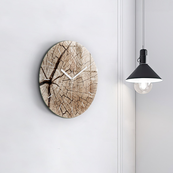 Round glass wall clock Old wood stump
