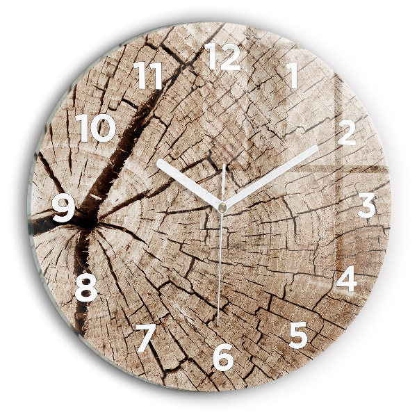Round glass wall clock Old wood stump