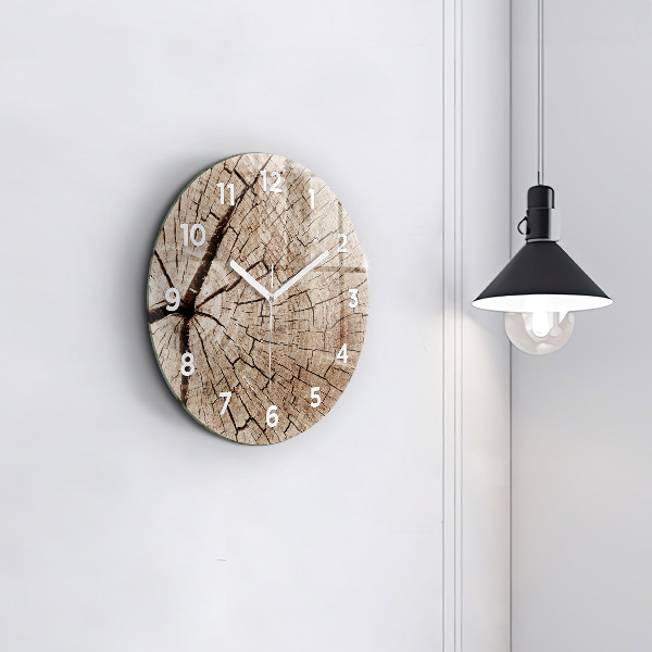 Round glass wall clock Old wood stump