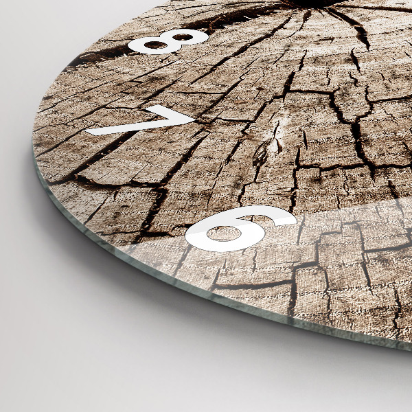 Round glass wall clock Old wood stump