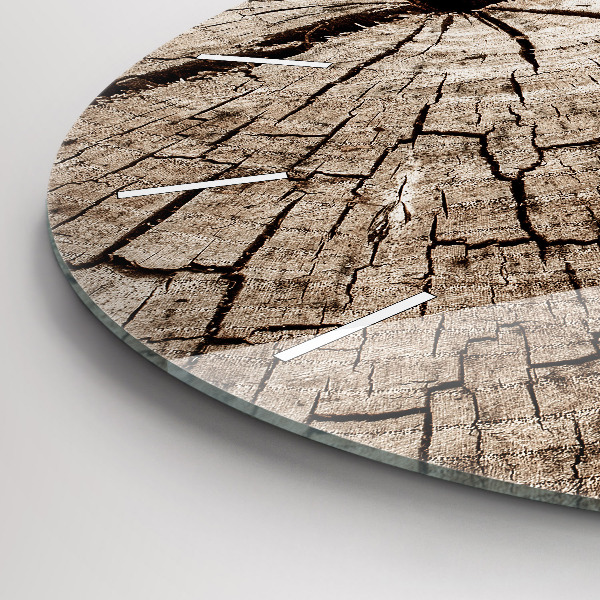 Round glass wall clock Old wood stump
