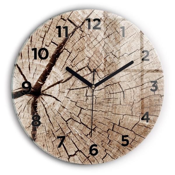 Round glass wall clock Old wood stump
