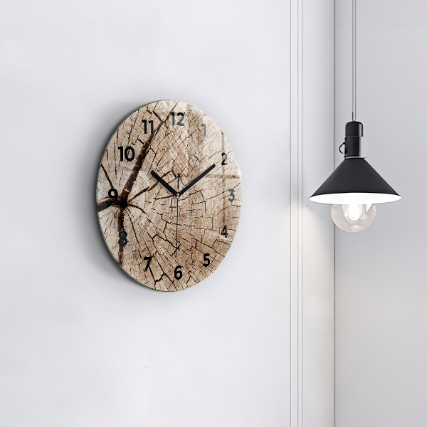 Round glass wall clock Old wood stump