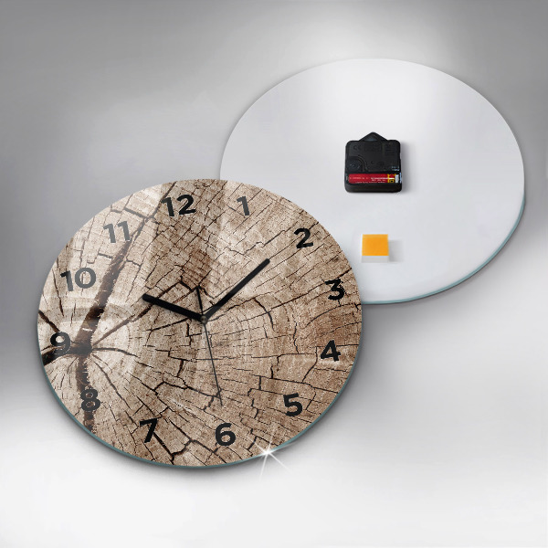 Round glass wall clock Old wood stump