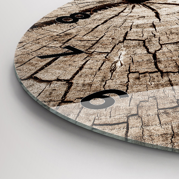 Round glass wall clock Old wood stump