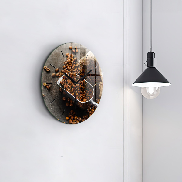 Round glass wall clock A bag of coffee beans