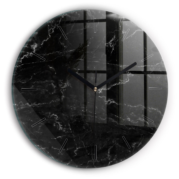 Round glass wall clock Black marble
