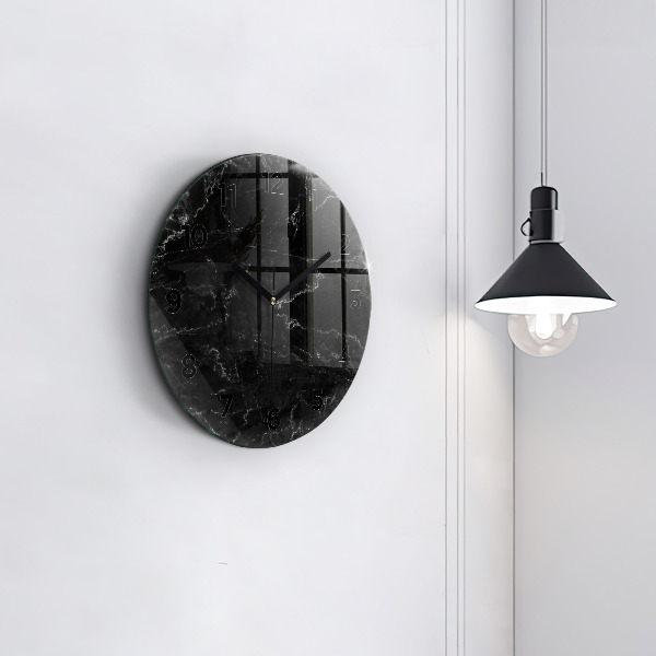 Round glass wall clock Black marble