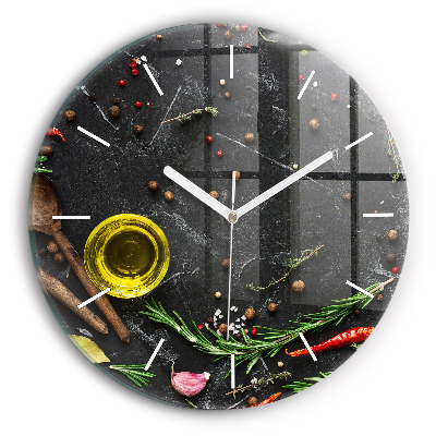 Round glass wall clock Spices on the counter