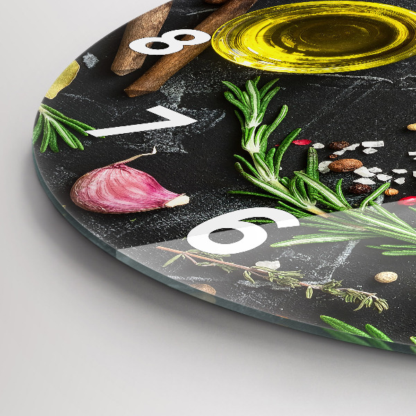Round glass wall clock Spices on the counter