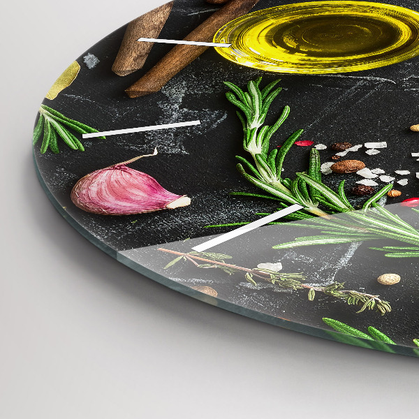Round glass wall clock Spices on the counter