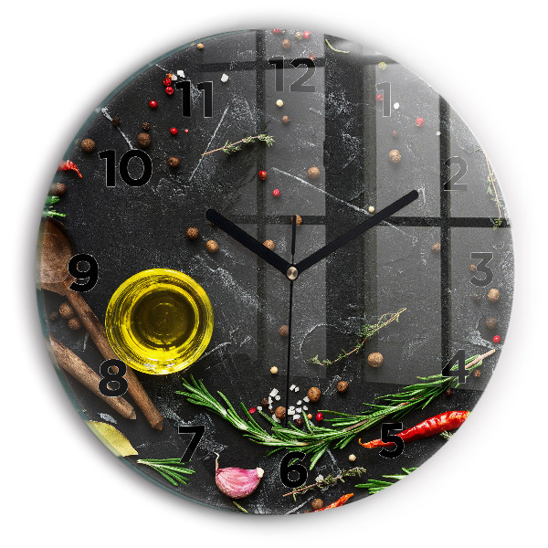 Round glass wall clock Spices on the counter