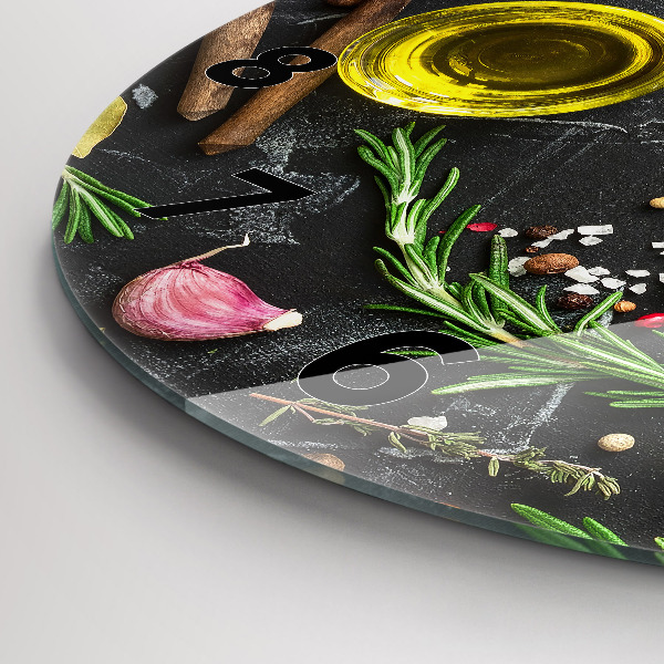 Round glass wall clock Spices on the counter