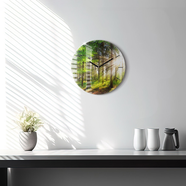 Round glass wall clock Forest sunrise