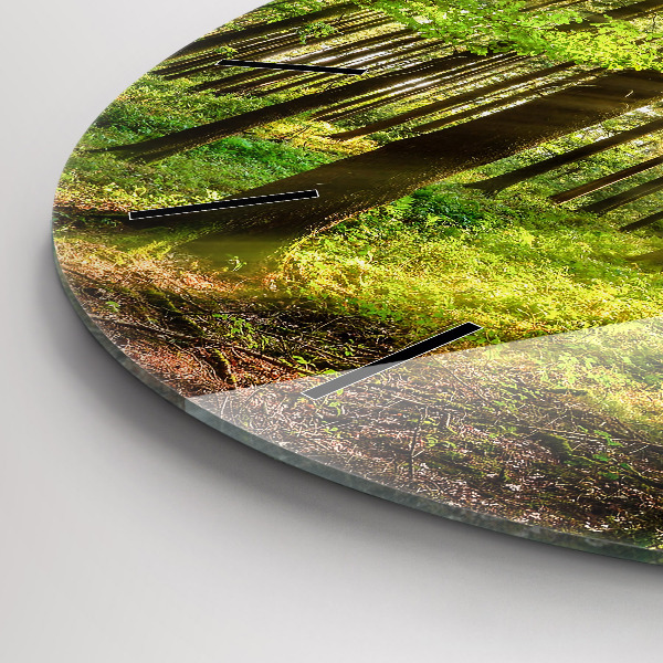 Round glass wall clock Forest sunrise