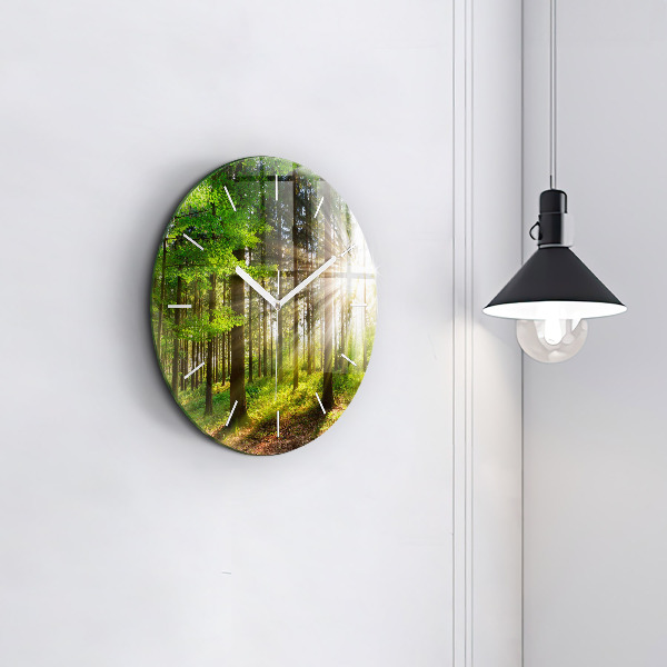 Round glass wall clock Forest sunrise