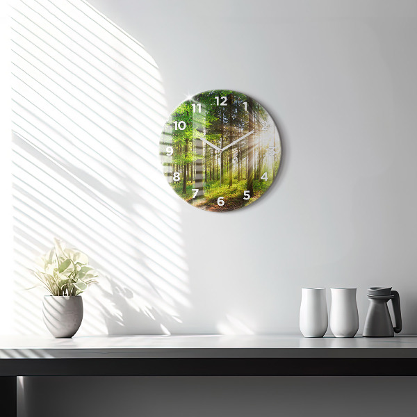 Round glass wall clock Forest sunrise