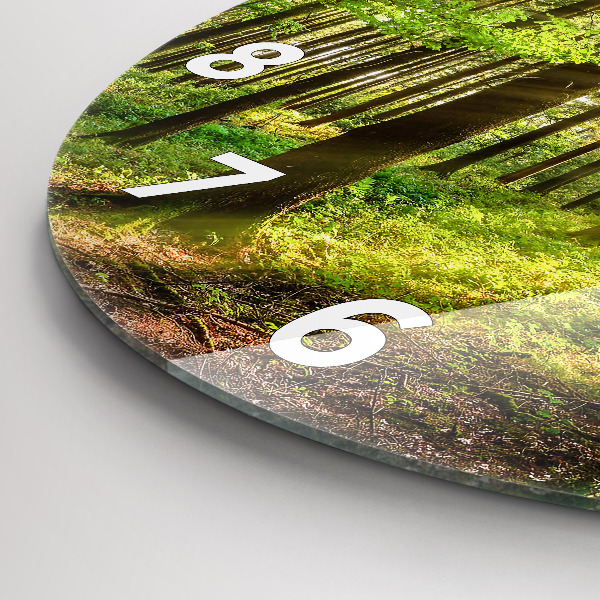 Round glass wall clock Forest sunrise
