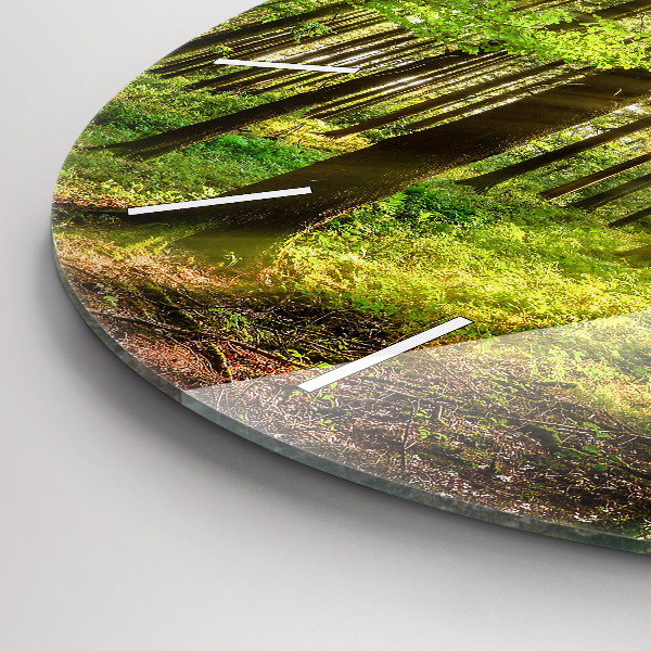 Round glass wall clock Forest sunrise