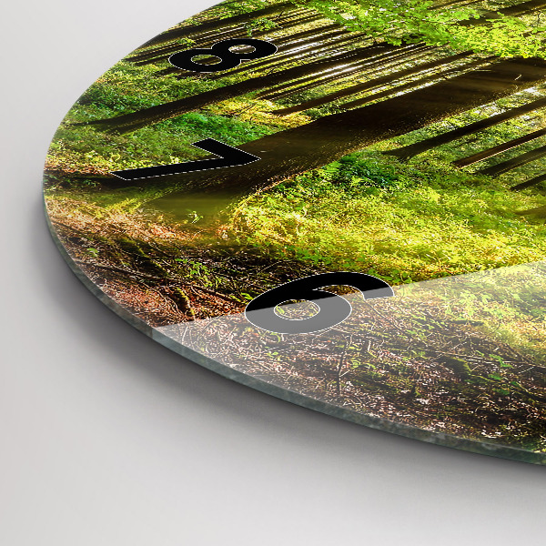 Round glass wall clock Forest sunrise