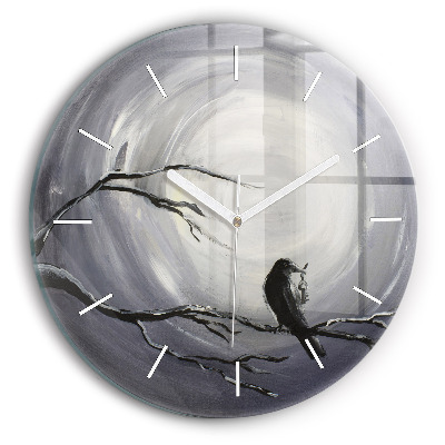 Round glass wall clock Raven in the moonlight