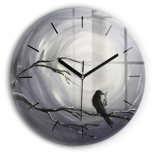 Round glass wall clock Raven in the moonlight