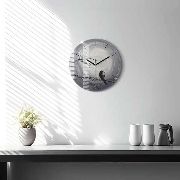 Round glass wall clock Raven in the moonlight