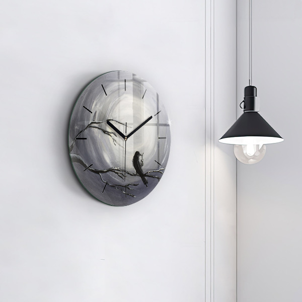 Round glass wall clock Raven in the moonlight