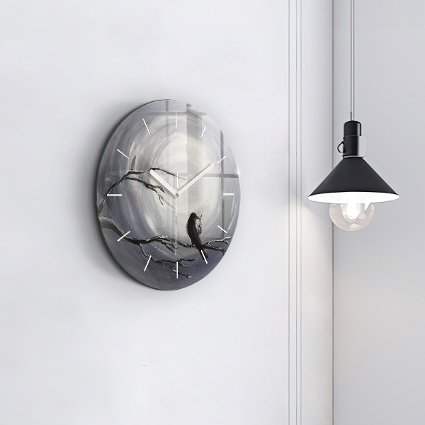 Round glass wall clock Raven in the moonlight