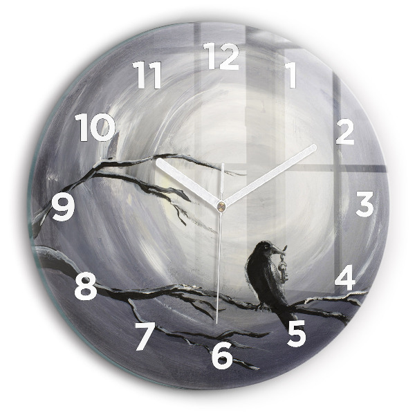 Round glass wall clock Raven in the moonlight